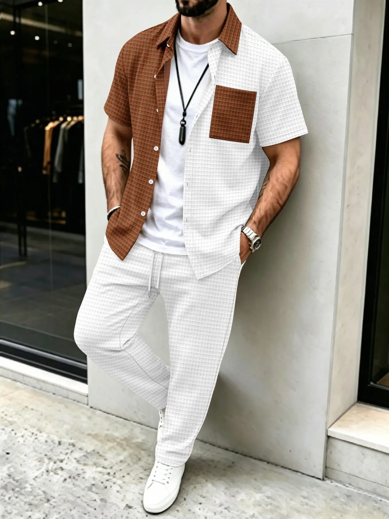 Men's Solid Waffle Pattern Cas - Mens Fashion Clothes 评论和价格